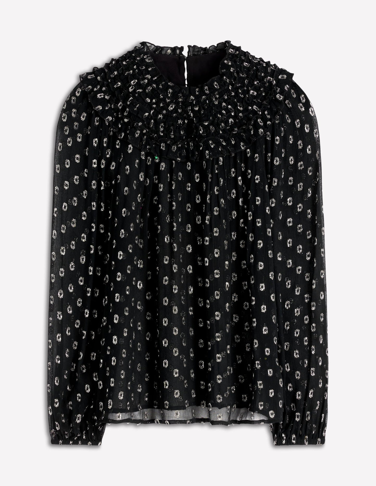 Metallic Ruffle Collar Top-Black, Lurex Clip