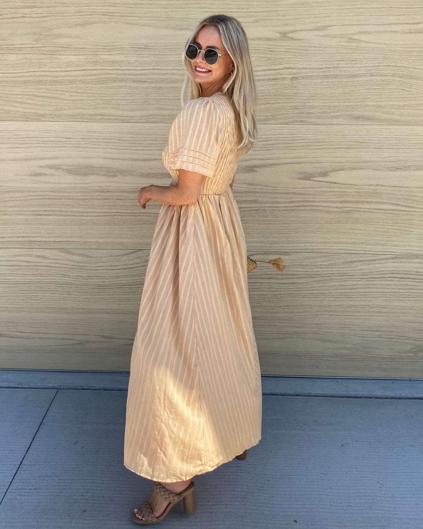 Iolana Dress - Beige | Women's Cotton Smock Midi Dress