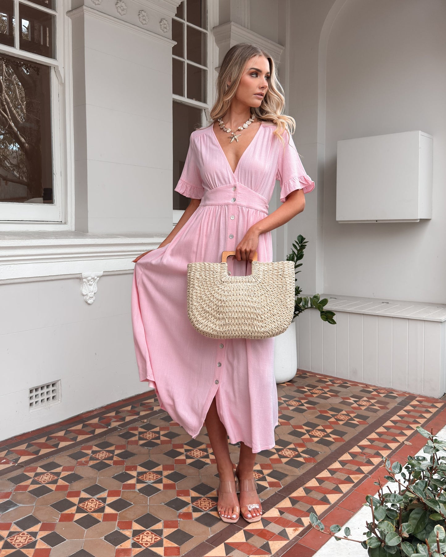 Korbela Dress - Powder Pink | Women's Linen Midi Dress