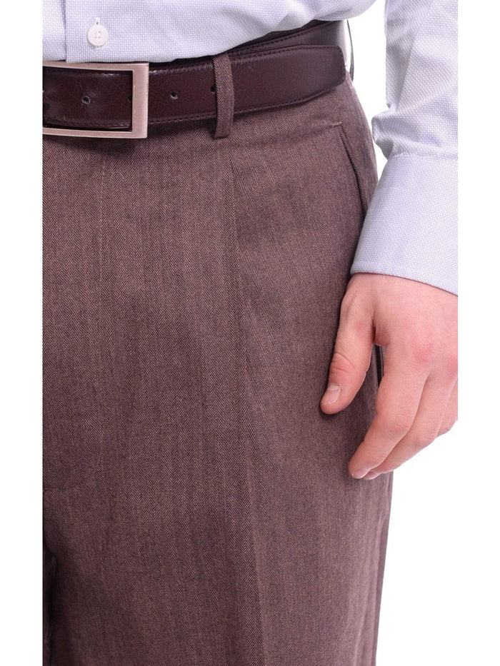 Apollo King PANTS Apollo King Classic Fit Brown Herringbone Pleated Wide Leg Wool Dress Pants