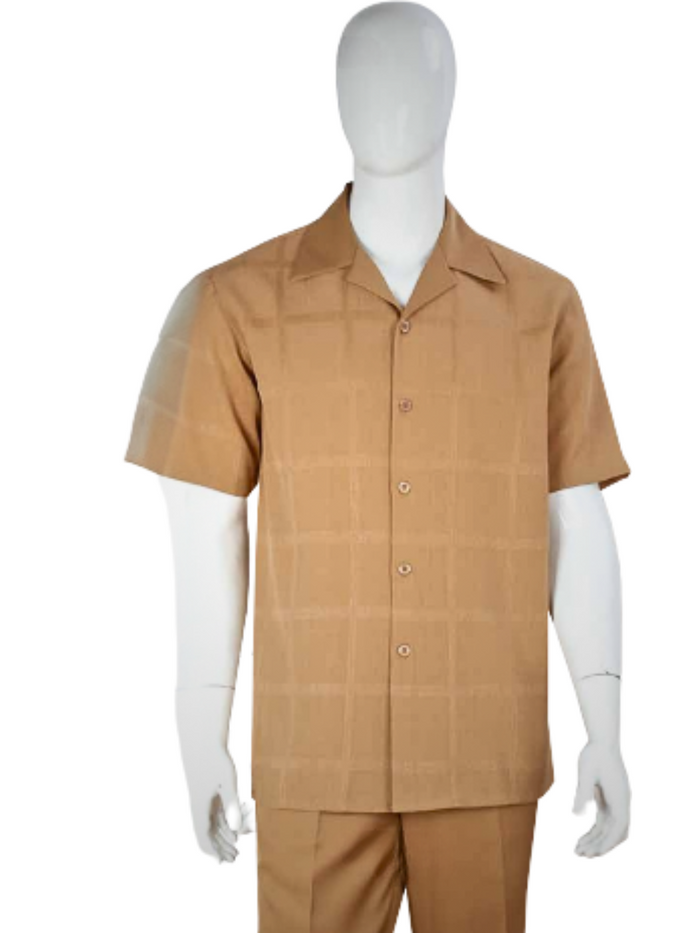 Apollo King Royal Diamond Men’s Tan Tonal Windowpane Short Sleeve Walking Suit