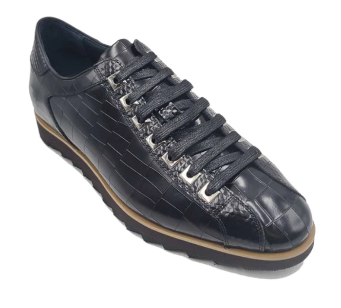Carrucci Mens Black Crocodile-Embossed Leather Sneakers - The Suit Depot