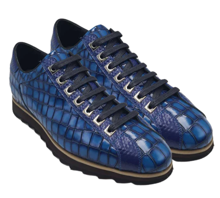 Carrucci Mens Blue Crocodile-Embossed Leather Sneakers