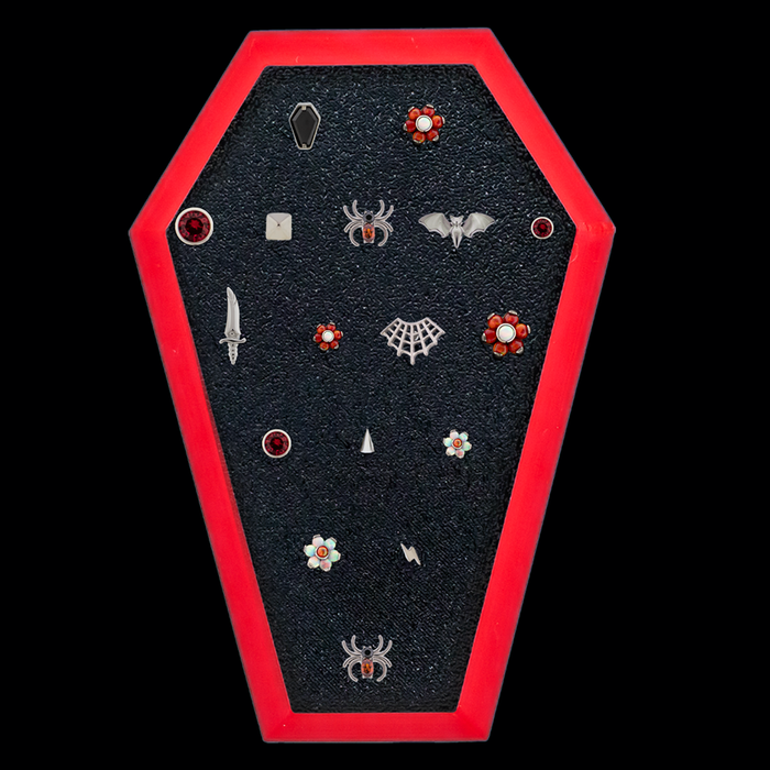 Coffin Red Trim Display w/ Threadless Ends - Khrysos Jewelry