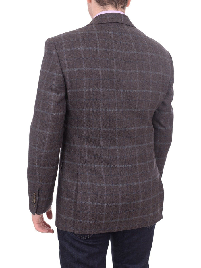 I Uomo BLAZERS I Uomo Regular Fit Men's Brown & Blue Plaid Two Button Wool Blazer Sportcoat