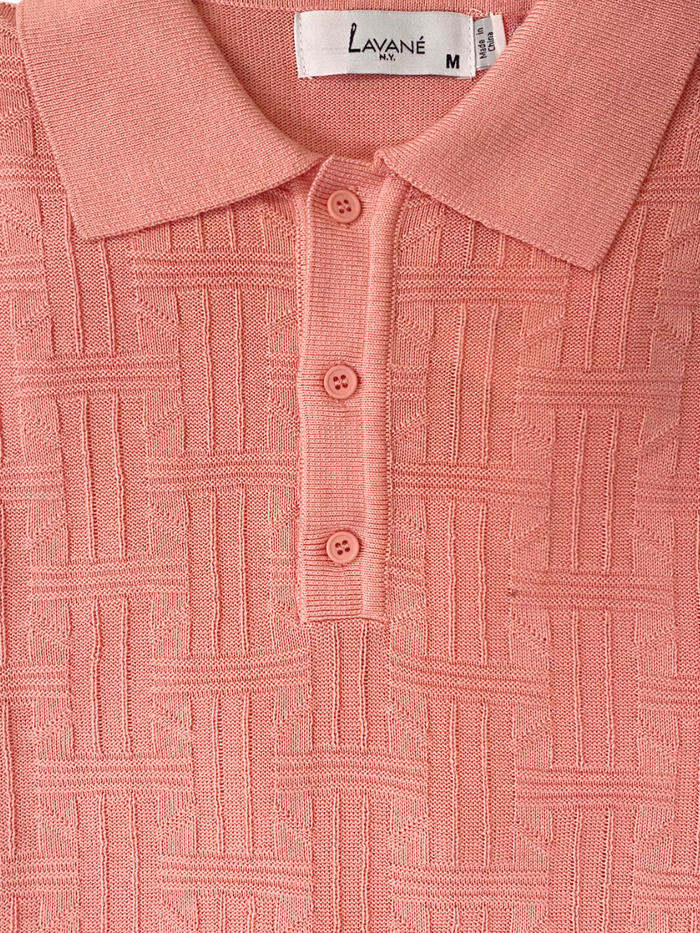 Lavane Mens Coral Pink Textured Short Sleeve Knit Polo Casual Shirt