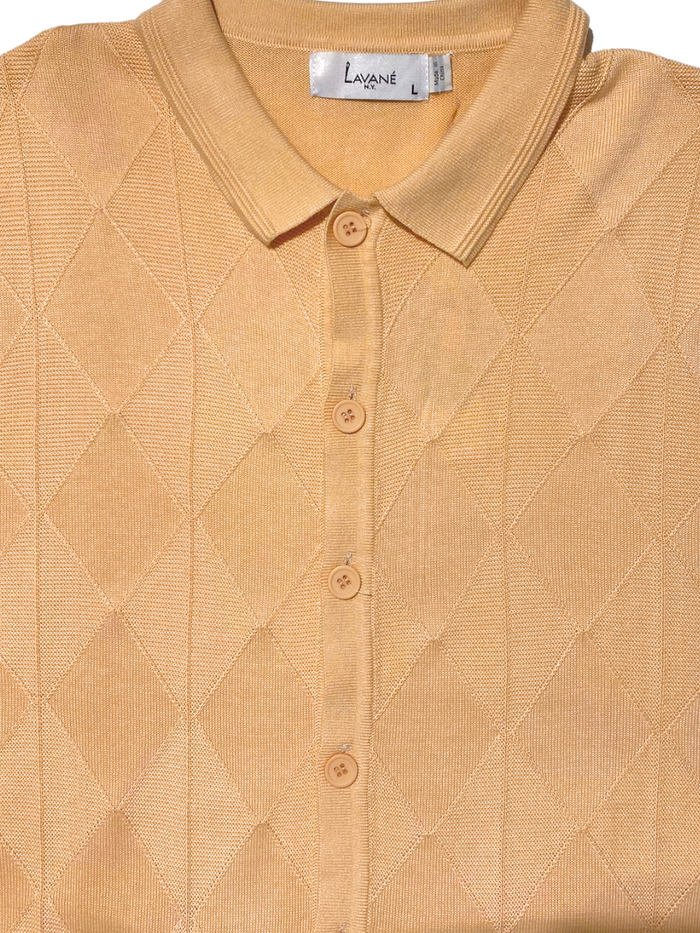 Lavane Mens Gold Textured Diamond Knit Button-Up Polo Casual Shirt