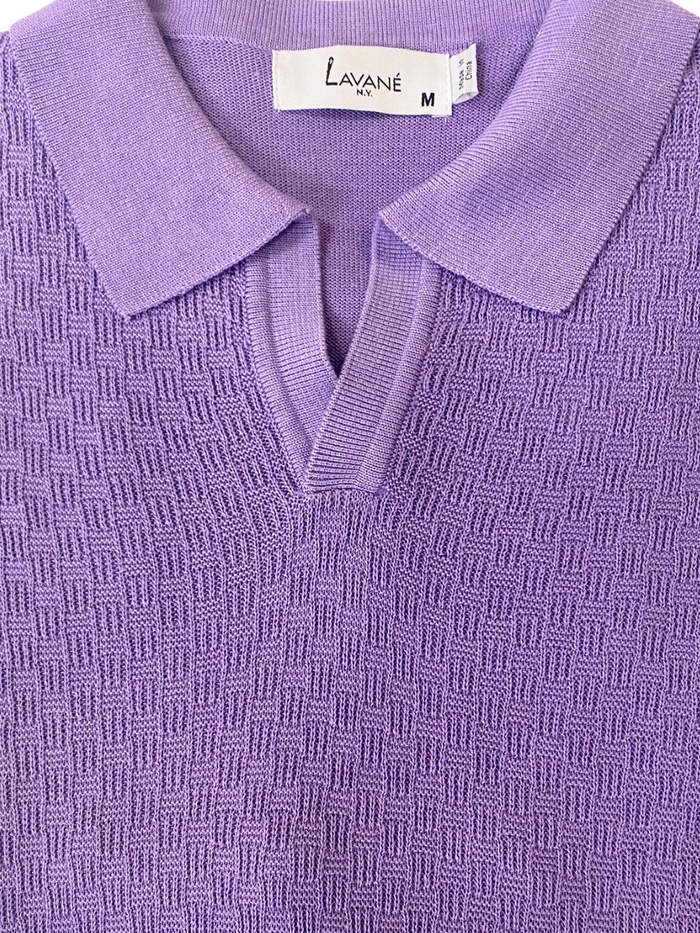Lavane Mens Violet Textured Short Sleeve Johnny Collar Knit Polo Casual Shirt