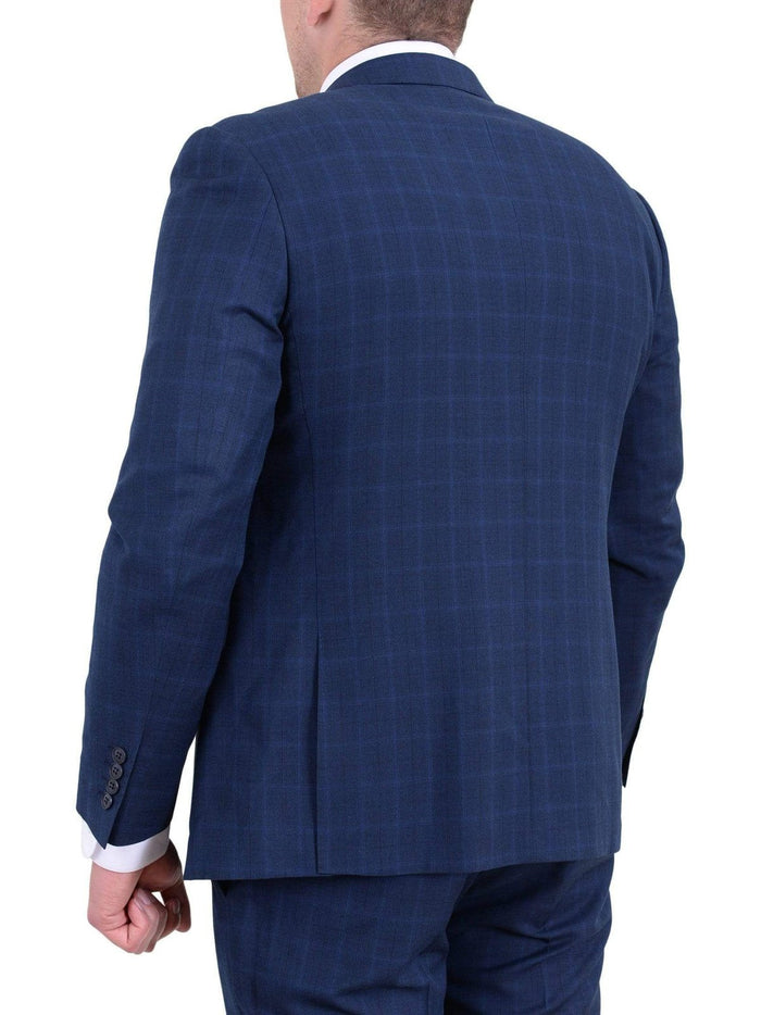 London Fog TWO PIECE SUITS Mens Extra Slim Fit Blue Windowpane Two Button Wool Blend Suit