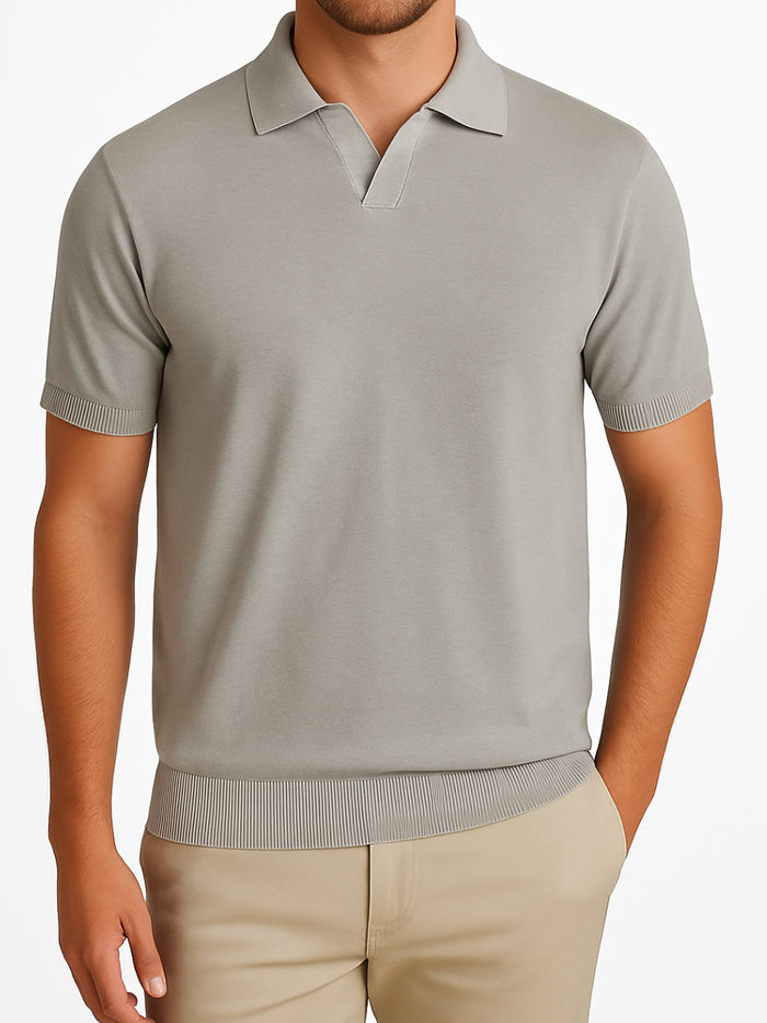 P.S. Shirts Silver Cotton Silk Blend Short Sleeve Johnny Collar Polo Casual Shirt