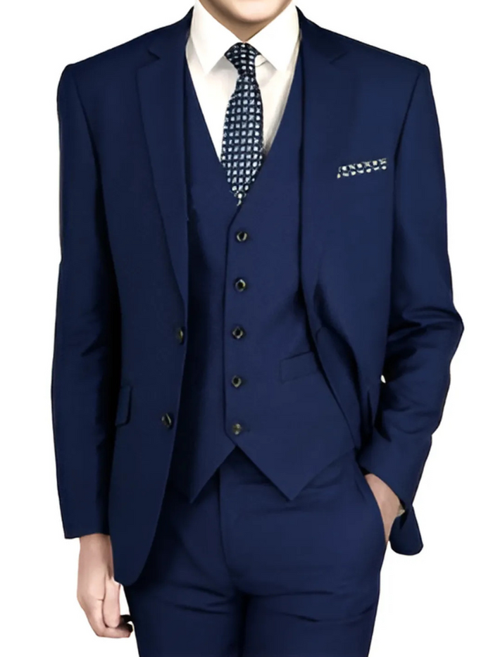Raphael Boys Solid Navy Blue Notch Lapels 3 Piece Suit