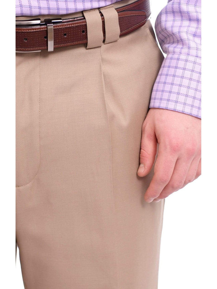 Steven Land Classic Fit Solid Tan Single Pleated Wide Leg Wool Dress Pants - The Suit Depot