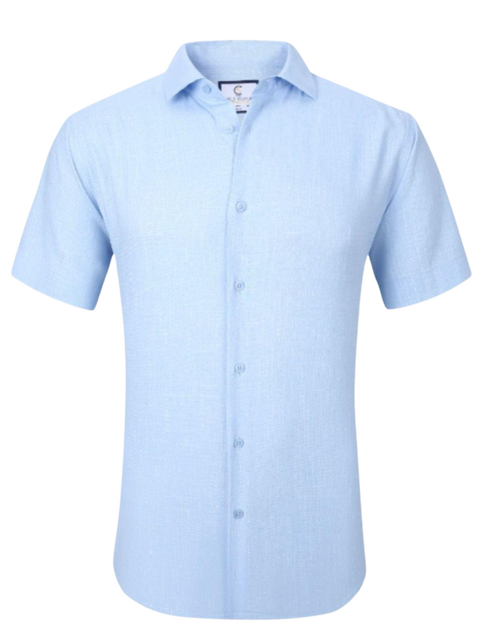 Suslo Couture Sky Blue Cotton Linen Blend Slim Fit Button-Up Casual Shirt