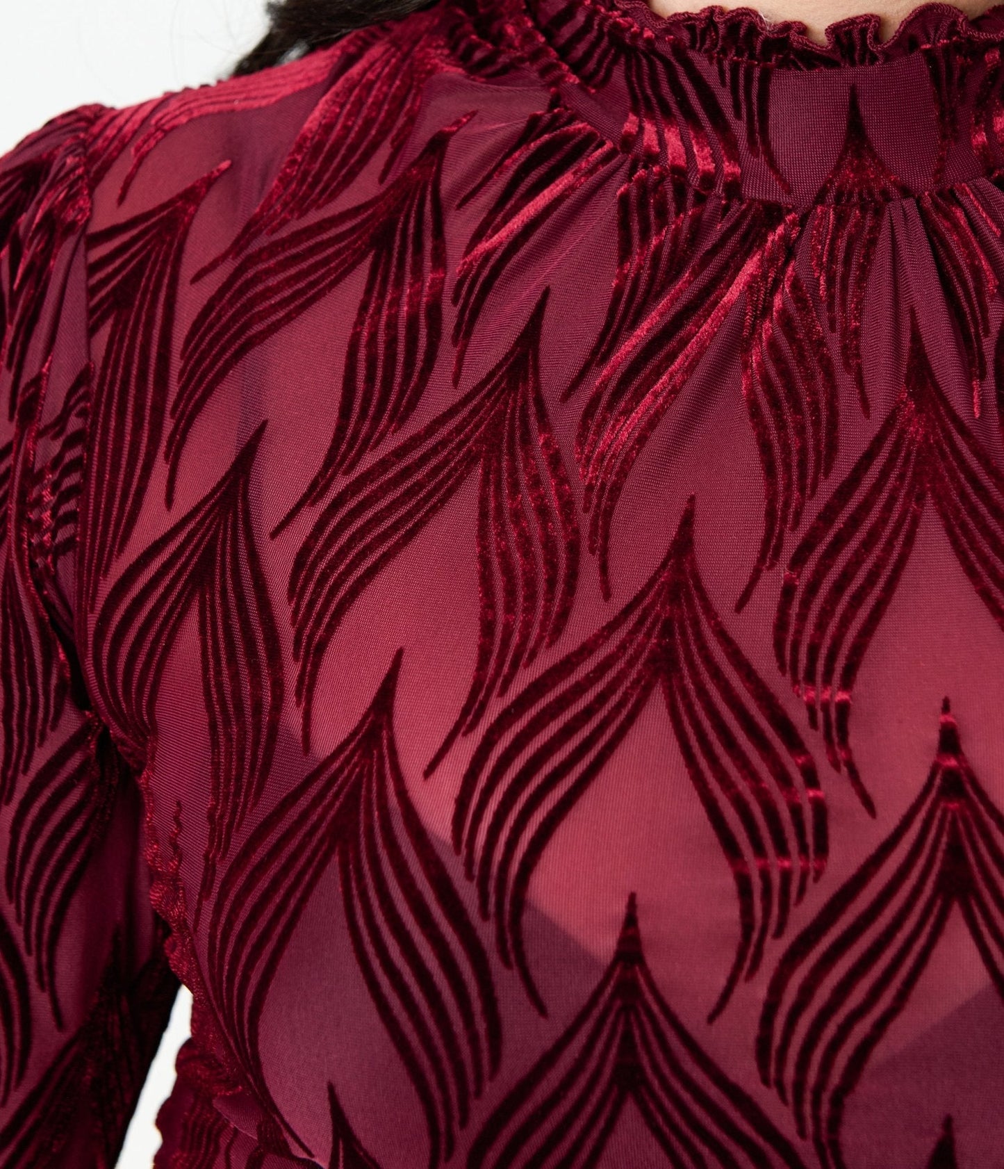 Unique Vintage Plus Size Burgundy Leaf Velvet Burnout Donna Blouse