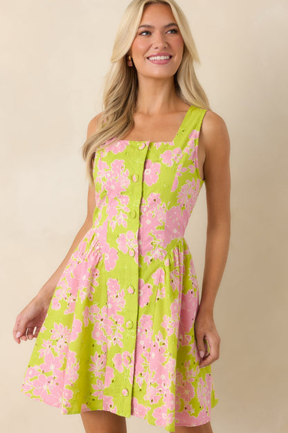 Here She Comes Chartreuse & Pink Cotton Floral Eyelet Mini Dress