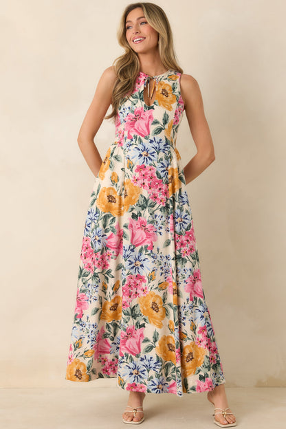 Florals in Focus Multi Floral Linen Blend Tie Front Maxi Dress