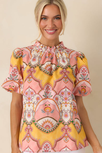 Love You Back Pink & Marigold Scarf Print Cotton Top