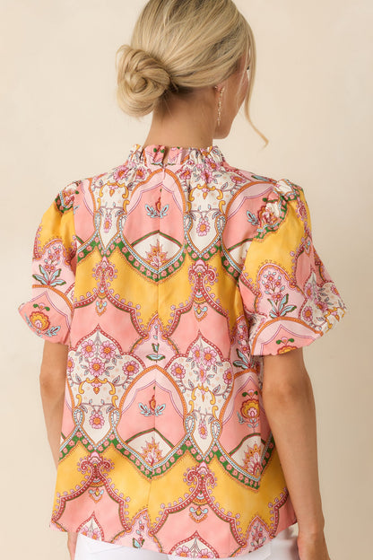 Love You Back Pink & Marigold Scarf Print Cotton Top