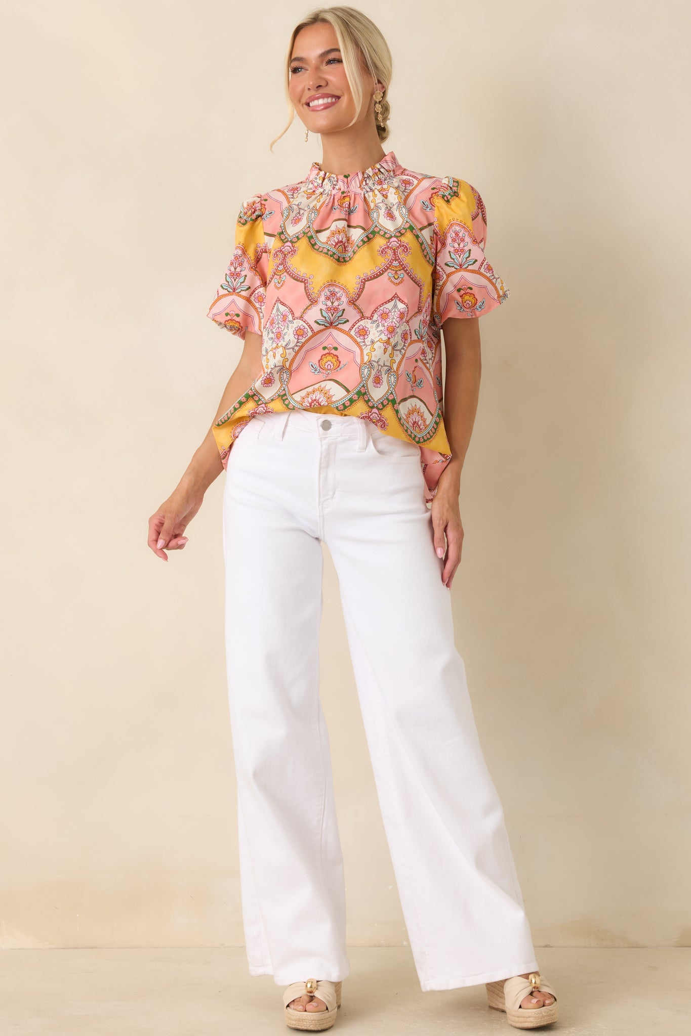 Love You Back Pink & Marigold Scarf Print Cotton Top