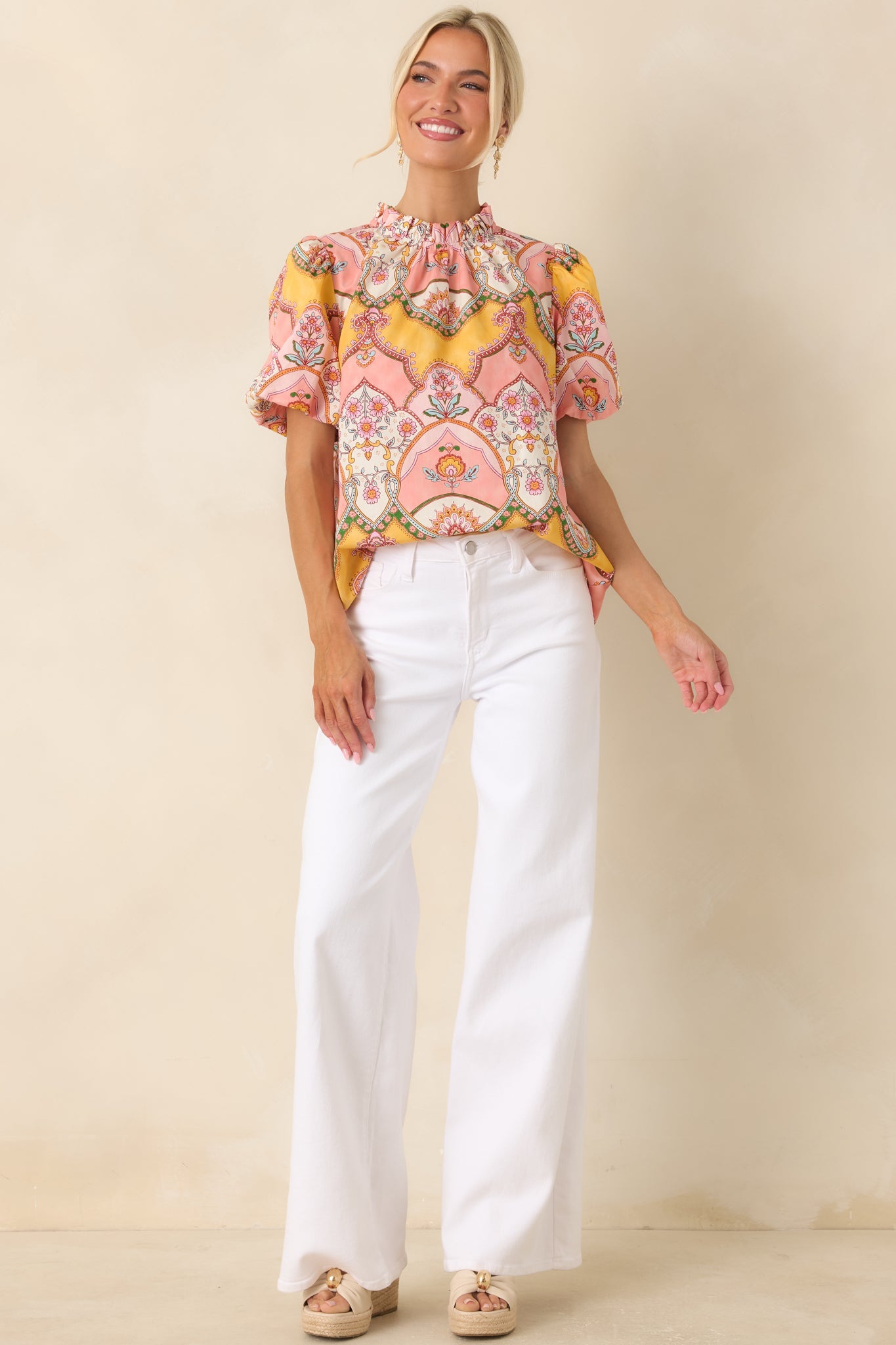 Love You Back Pink & Marigold Scarf Print Cotton Top