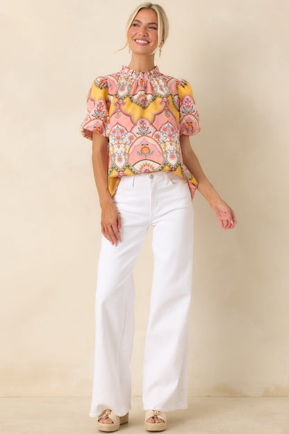 Love You Back Pink & Marigold Scarf Print Cotton Top