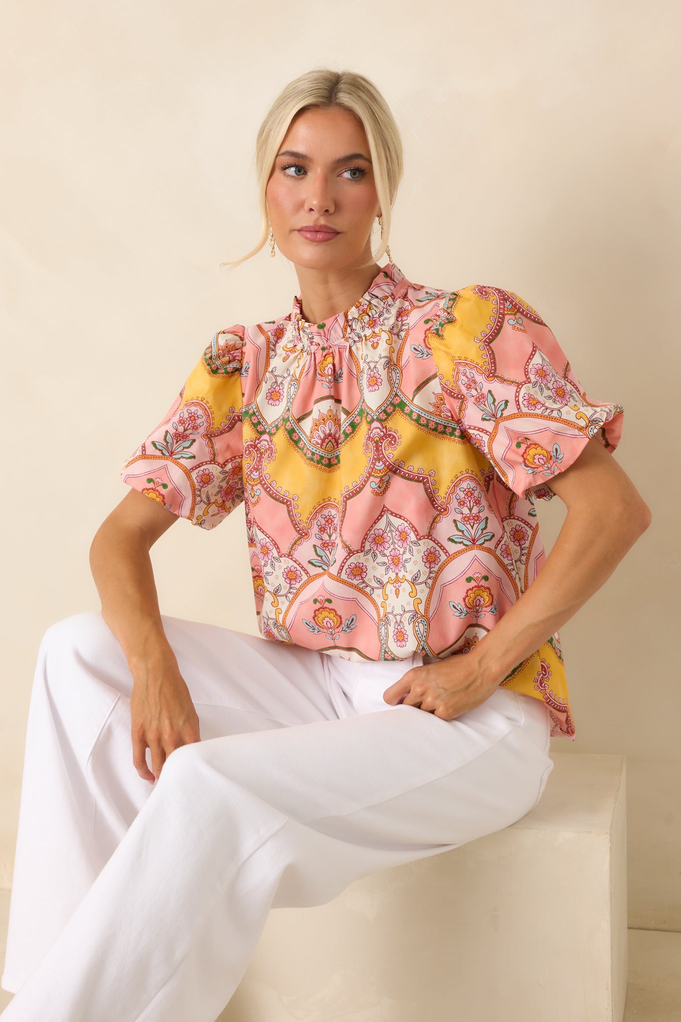 Love You Back Pink & Marigold Scarf Print Cotton Top