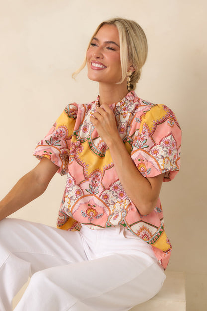 Love You Back Pink & Marigold Scarf Print Cotton Top