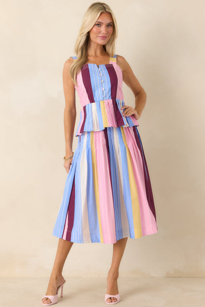 You Noticed Multi Stripe Cotton Pleated Sleeveless Peplum Top