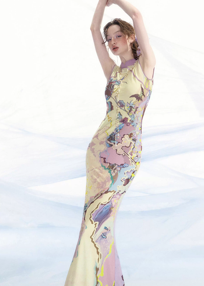 Luoman Ci 罗曼词 Romance Language New Chinese Style Colorful Sleeveless Qipao