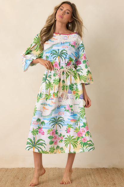 Paradisa Sarasota Pink Multi Cotton Linen Poolside Print Caftan Dress