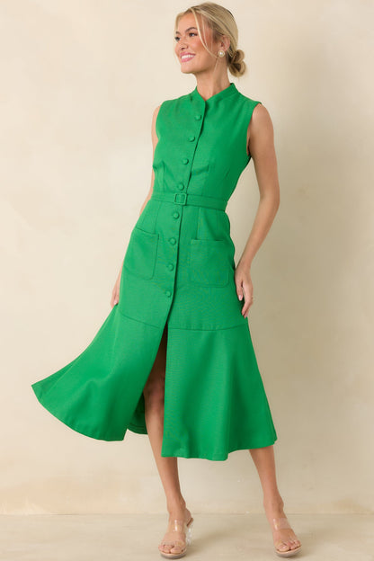 Prosperina Rowan Green Sleeveless Button Front Midi Dress