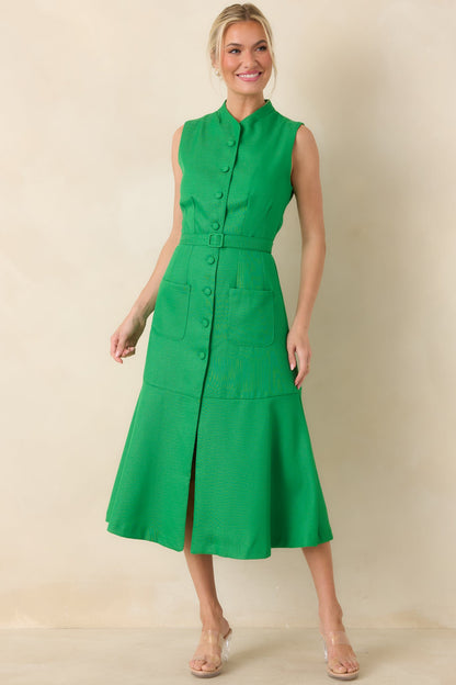 Prosperina Rowan Green Sleeveless Button Front Midi Dress