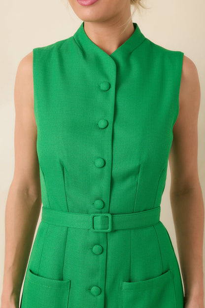 Prosperina Rowan Green Sleeveless Button Front Midi Dress