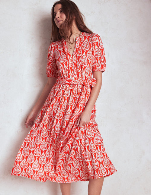 Sofia Trim Jersey Midi Dress-Firecracker Red, Ornate Geo
