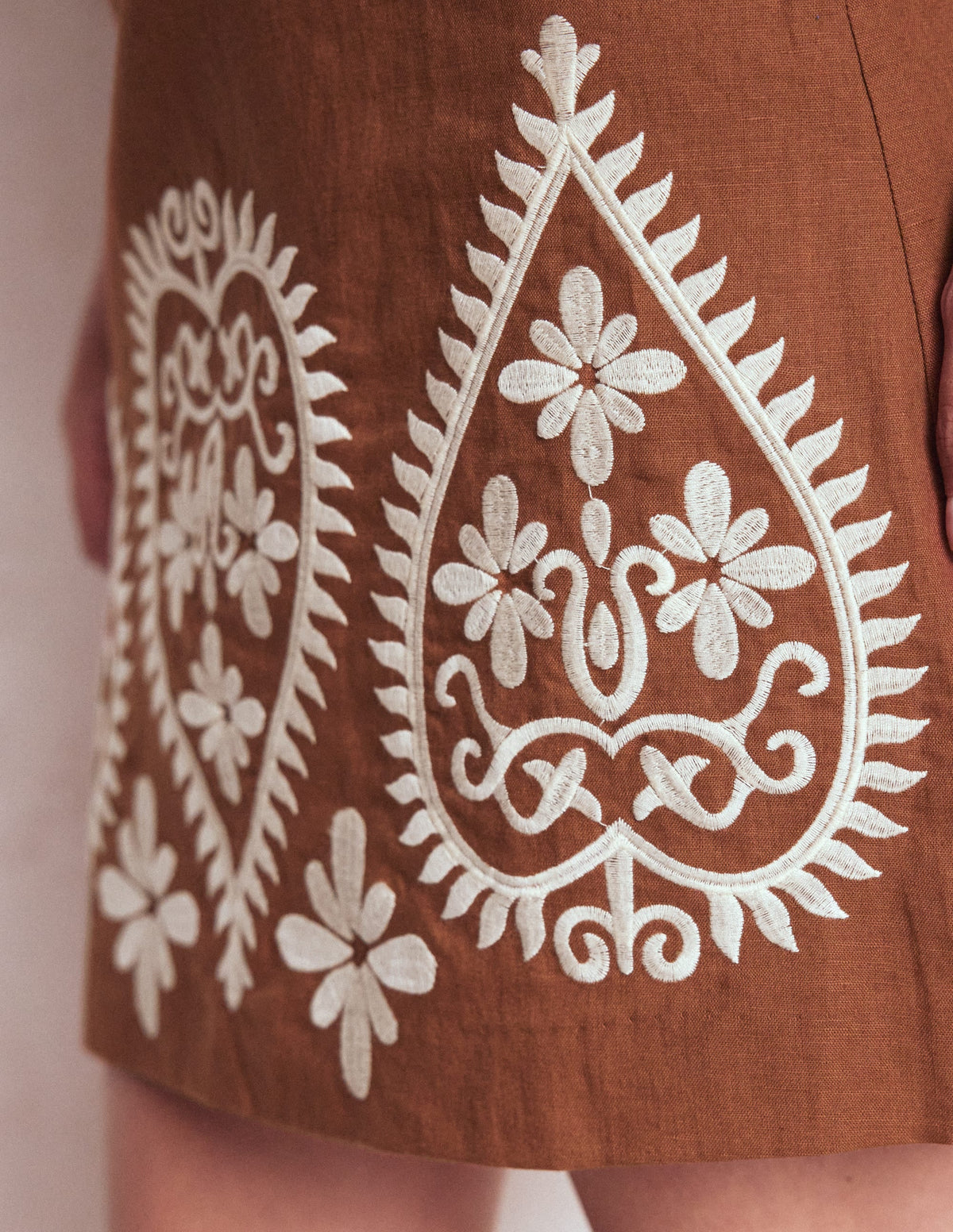 Embroidered Linen Skirt-Russet