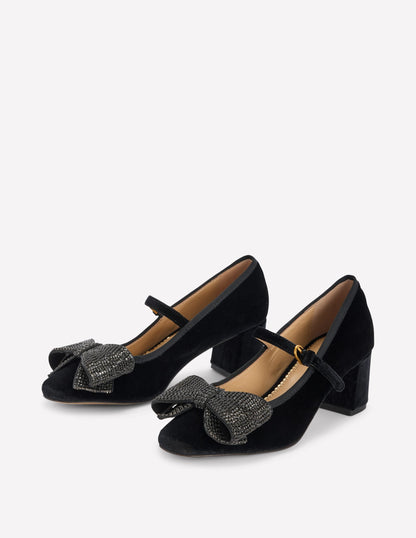 Embellished Bow Block Heels-Black