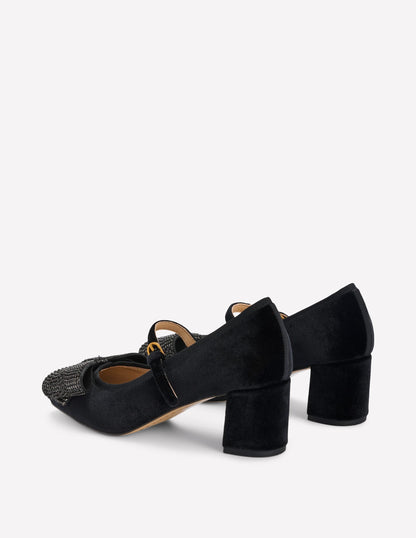 Embellished Bow Block Heels-Black