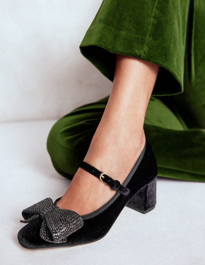 Embellished Bow Block Heels-Black