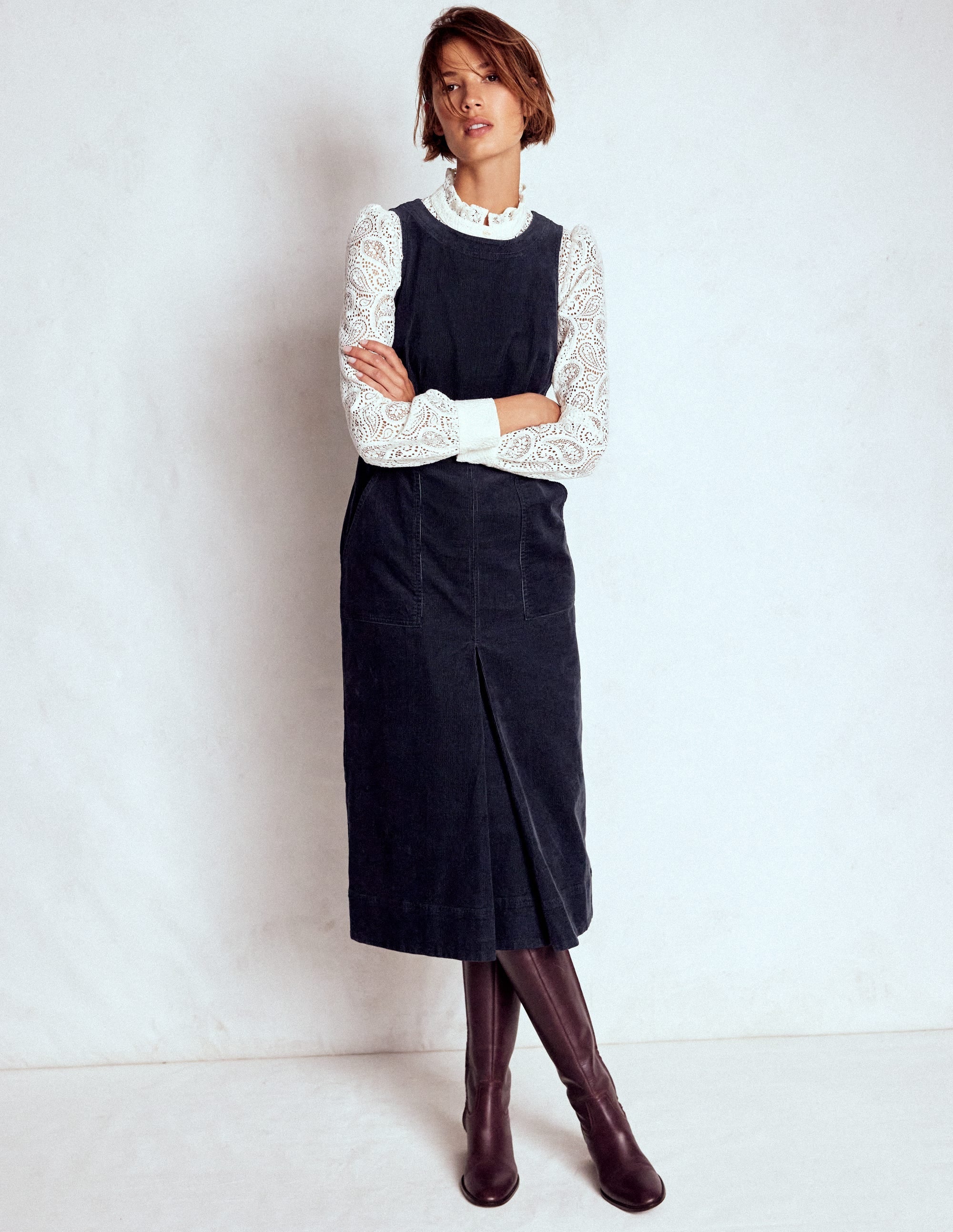 Ula Box Pleat Cord Midi Dress-Midnight Blue