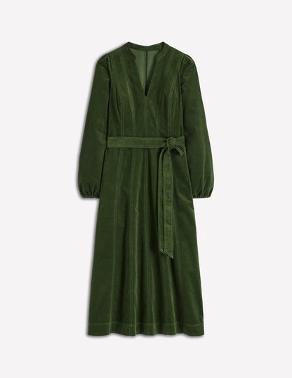 Ros Panelled Cord Midi Dress-Green Fir
