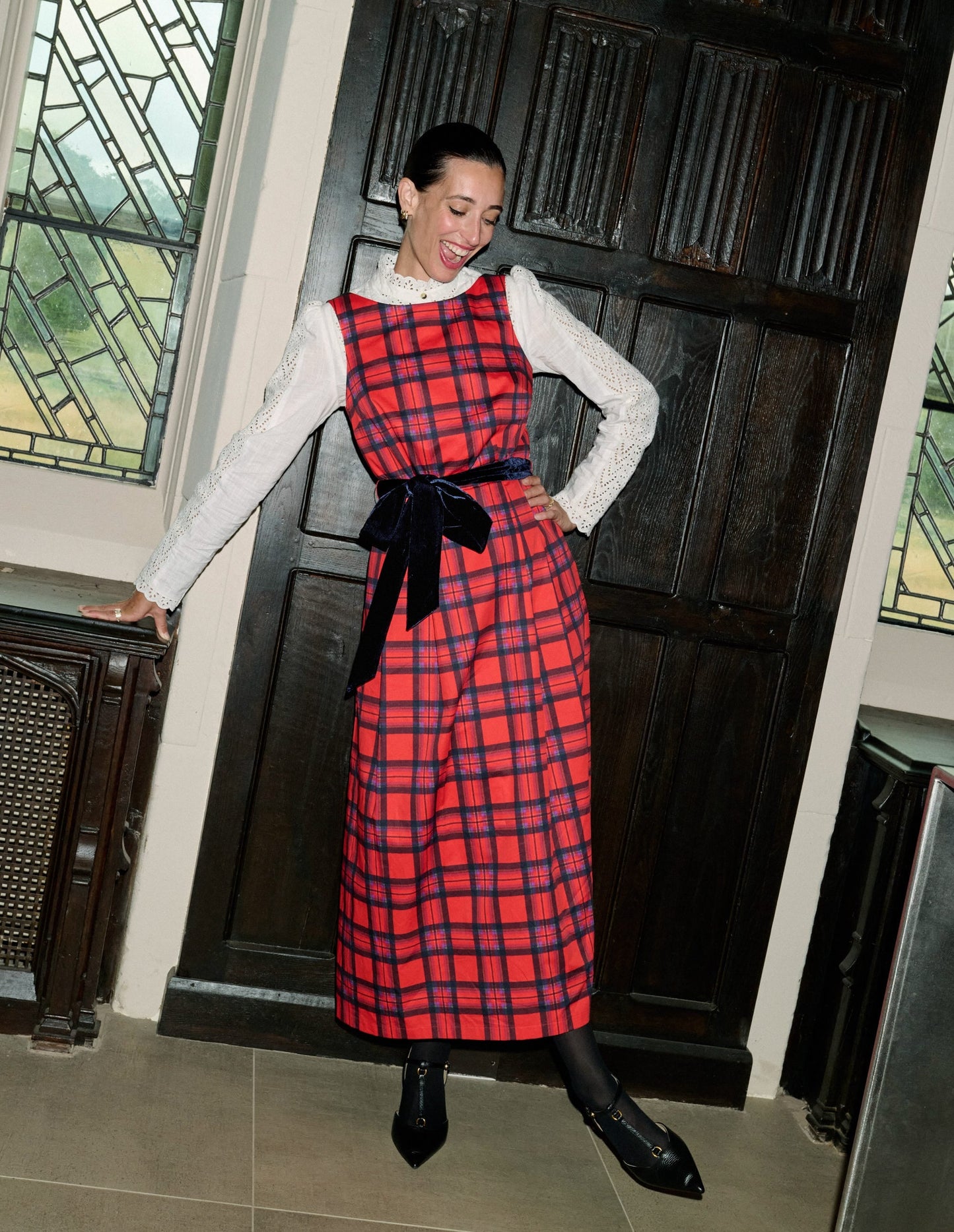 Scoop Back Check Dress-Red, Navy and Purple Check