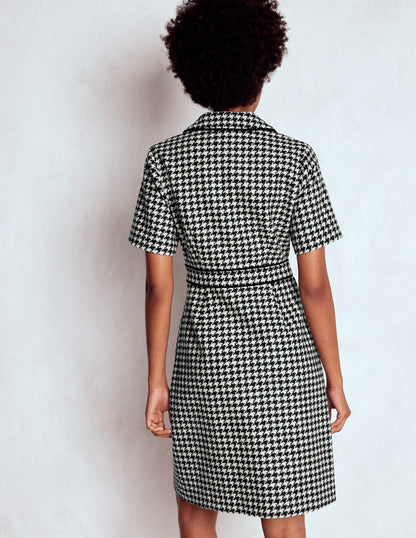 Eda Wool Shift Dress-Black Dogstooth