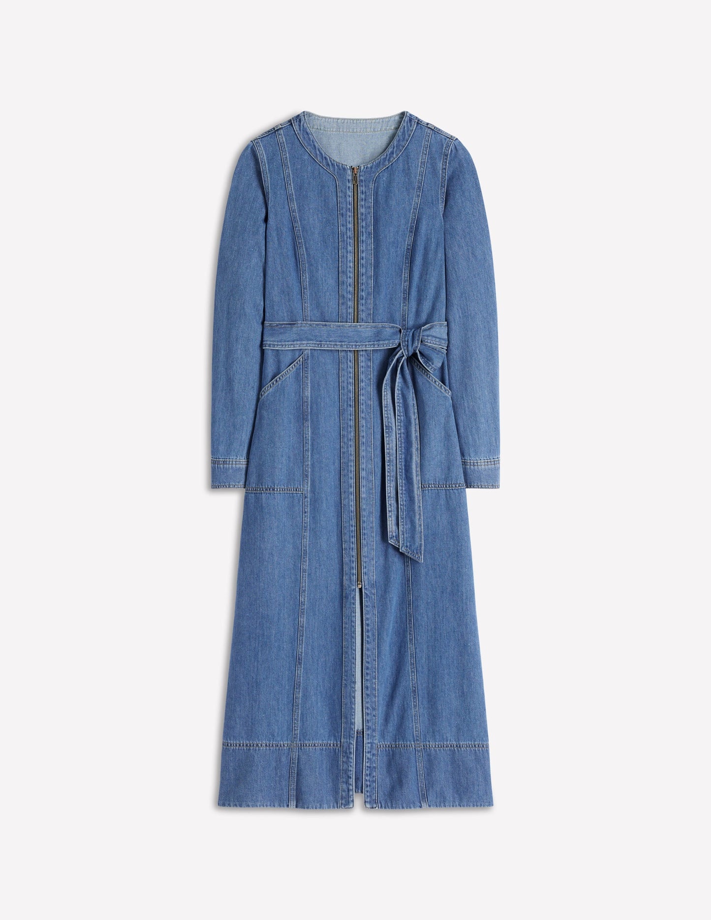 Zip Denim Straight Dress-Mid Vintage Denim