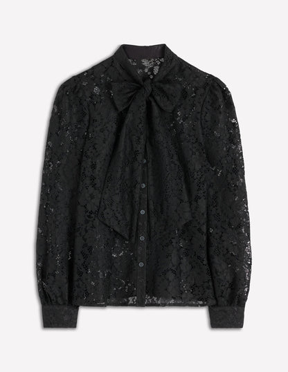 Lace Tie Neck Top-Black