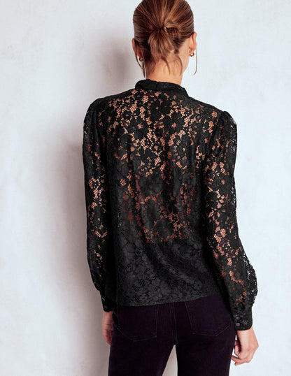 Lace Tie Neck Top-Black