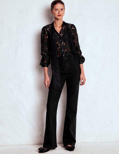 Lace Tie Neck Top-Black