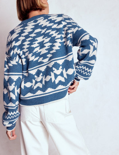 Abi Jacquard Cardigan-Denim Blue Aztec