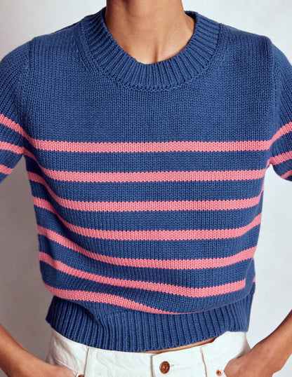 Lucy Chunky Cotton Sweater-Blue, Pink Stripe