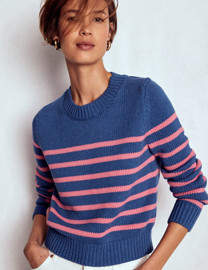 Lucy Chunky Cotton Sweater-Blue, Pink Stripe