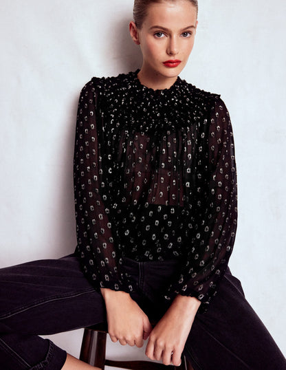 Metallic Ruffle Collar Top-Black, Lurex Clip